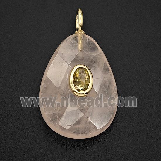 Natural Clear Crystal Quartz Teardrop Pendant Pave Zirconia Faceted
