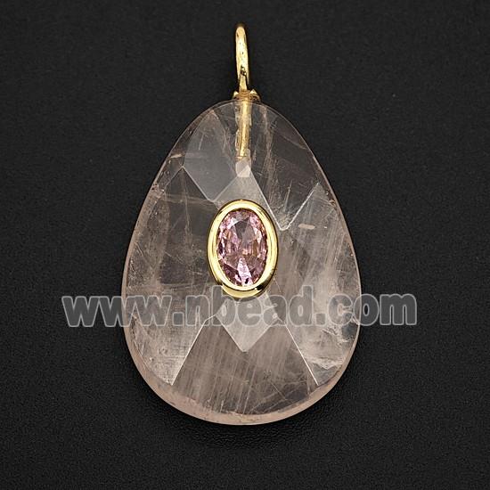 Natural Clear Crystal Quartz Teardrop Pendant Pave Zirconia Faceted