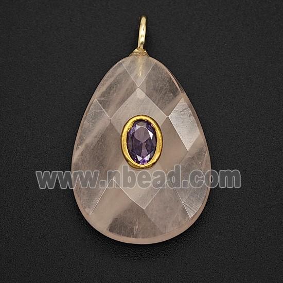 Natural Clear Crystal Quartz Teardrop Pendant Pave Zirconia Faceted