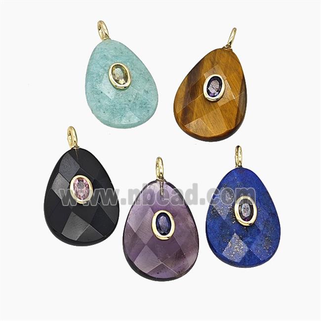 Natural Gemstone Teardrop Pendant Pave Zirconia Faceted Mix