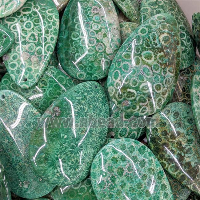 Natural Coral Fossil Teardrop Pendant Green Dye