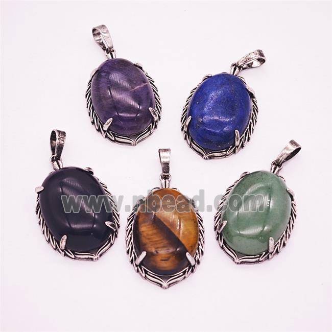 Gemstone Pendant, Antique Silver Plated