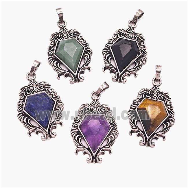 Gemstone Pendant, Antique Silver Plated