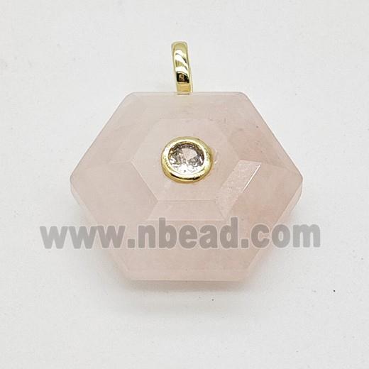 Natural Pink Rose Quartz Hexagon Pendant Pave Zirconia