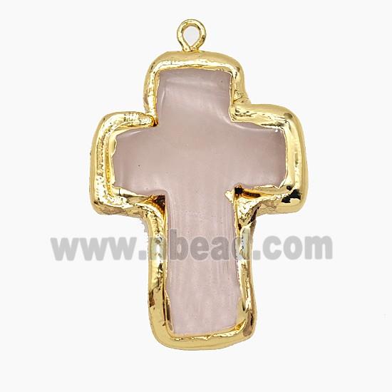 Natural Pink Rose Quartz Cross Pendant Gold Plated