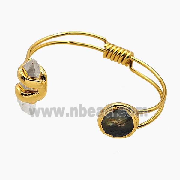 Clear Crystal Quartz And Labradorite Bangle Copper Gold Plated