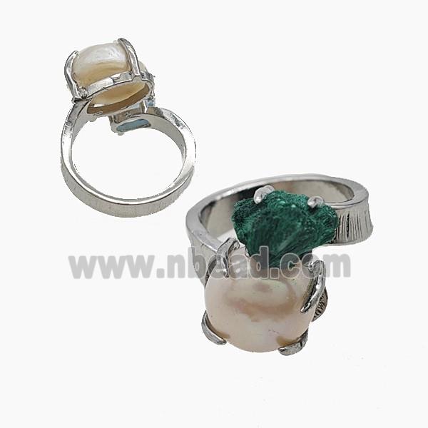 Copper Rings With Pearl Malachite Platinum Plated