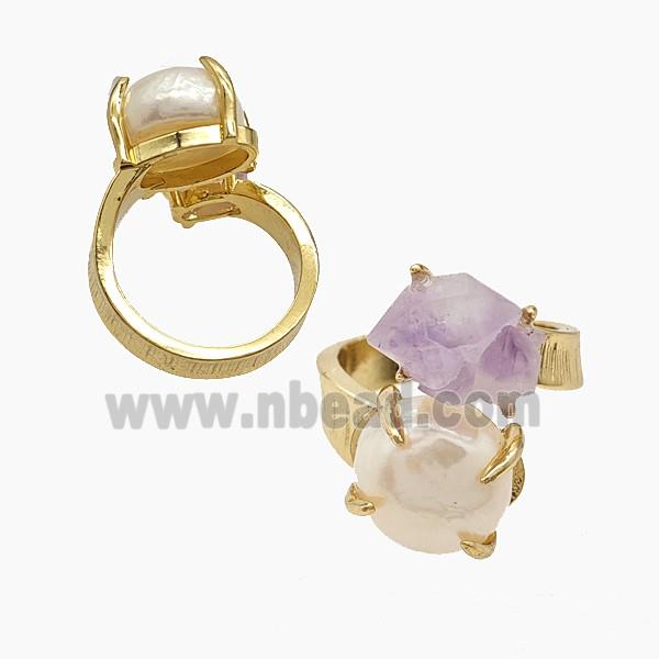 Copper Rings With Pearl Amethyst Gold Plated
