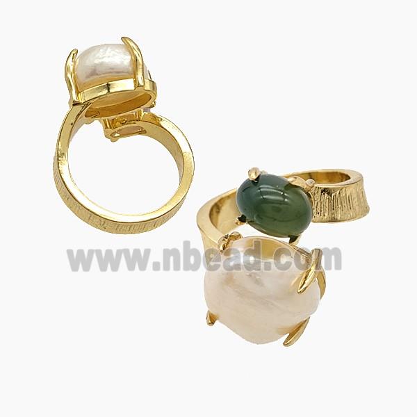Copper Rings With Pearl Green Agate Gold Plated