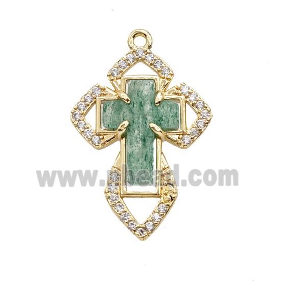 Copper Cross Pendant Pave Zirconia Strawberry Quartz Gold Plated
