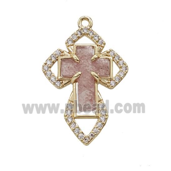 Copper Cross Pendant Pave Zirconia Strawberry Quartz Gold Plated