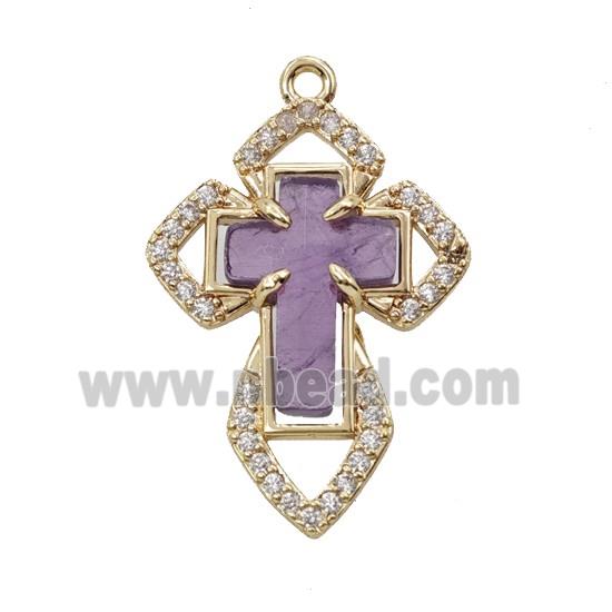 Copper Cross Pendant Pave Zirconia Amethyst Gold Plated