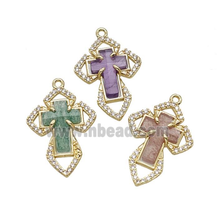 Copper Cross Pendant Pave Zirconia Gemstone Gold Plated Mixed