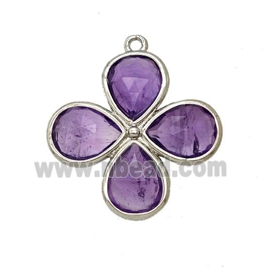 Natural Purple Amethyst Clover Pendant Platinum Plated