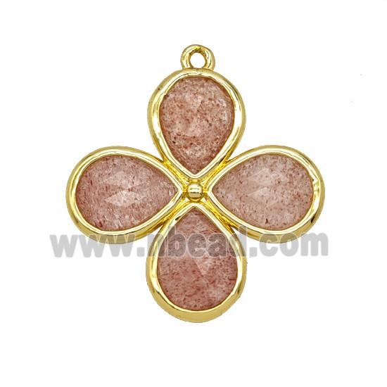 Natural Pink Strawberry Quartz Clover Pendant Gold Plated