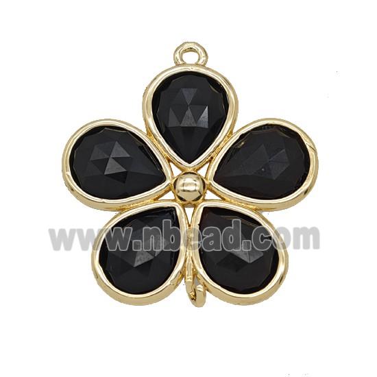 Natural Black Obsidian Flower Connector Gold Plated