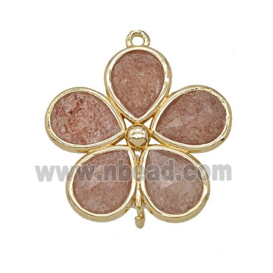 Natural Pink Strawberry Quartz Flower Connector Gold Plated