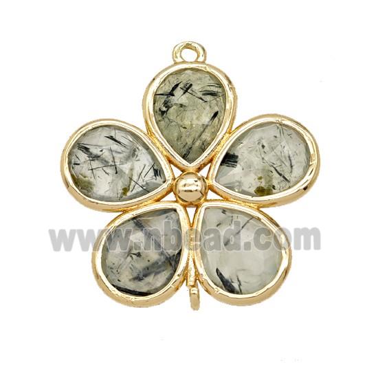 Natural Green Prehnite Flower Connector Gold Plated