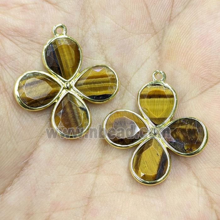 Natural Tiger Eye Stone Clover Pendant Gold Plated