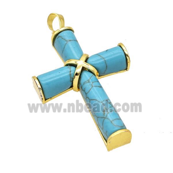 Natural Blue Howlite Turquoise Cross Pendant Alloy Gold Plated