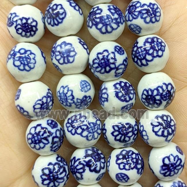 Porcelain Round Beads Blue Flower