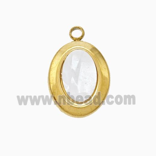 Stainless Steel Oval Pendant Pave Shell Gold Plated