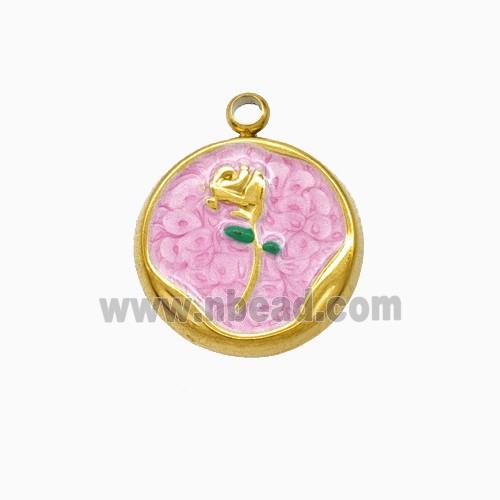 Stainless Steel Flower Pendant Pink Painted Gold Plated