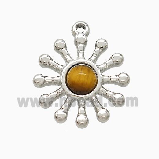 Raw Stainless Steel Flower Pendant Pave Tigereye