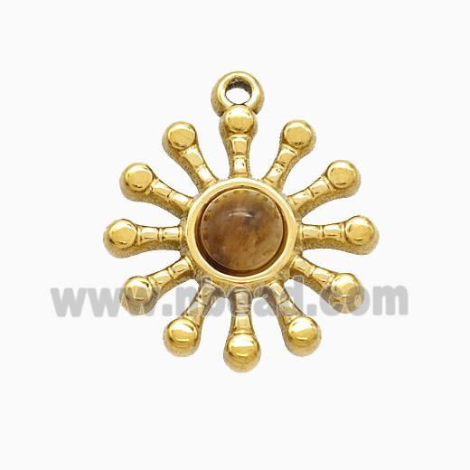Stainless Steel Flower Pendant Pave Tigereye Gold Plated