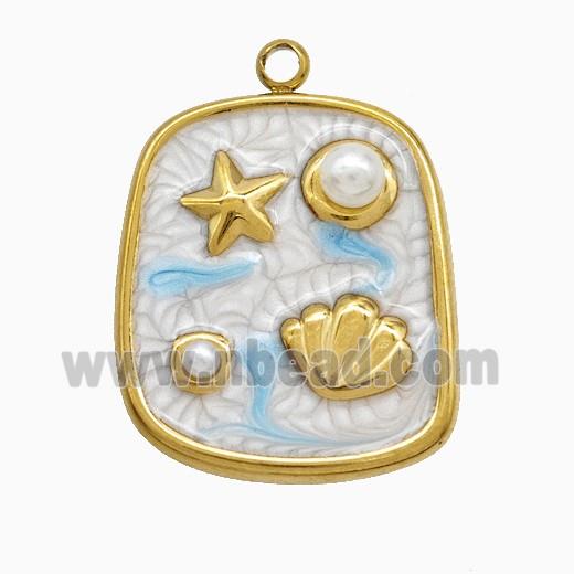 Stainless Steel Starfish Shell Pendant Pave Resin White Painted Gold Plated