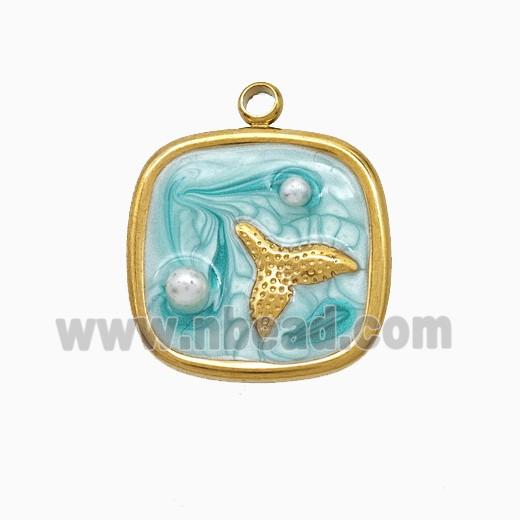 Stainless Steel Mermaid-Tail Pendant Pave Resin Green Painted Gold Plated
