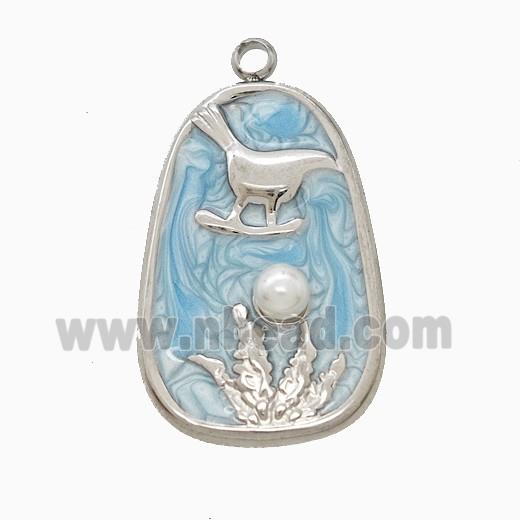 Raw Stainless Steel Bird Pendant Pave Resin Blue Painted Flower