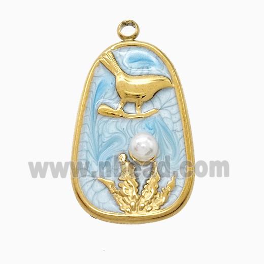 Stainless Steel Bird Pendant Pave Resin Blue Painted Flower Gold Plated