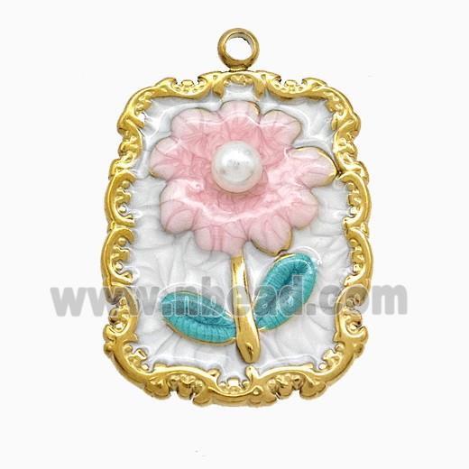Stainless Steel Flower Pendant Pave Resin Painted Gold Plated