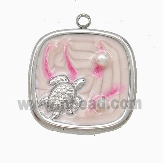 Raw Stainless Steel Tortoise Pendant Pave Resin Pink Painted