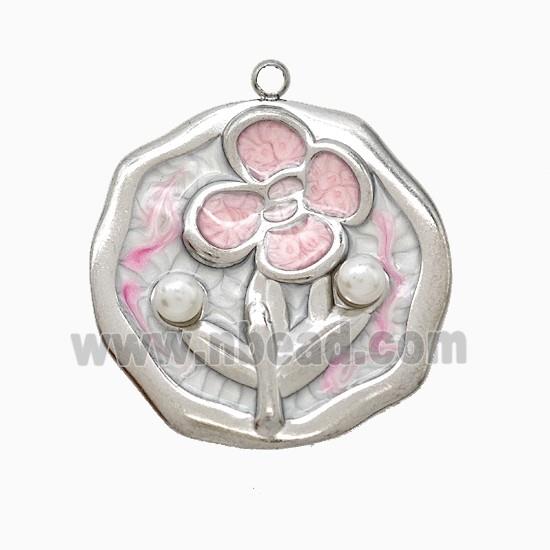 Raw Stainless Steel Flower Pendant Pink Painted