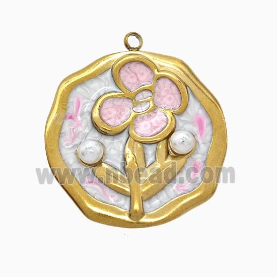 Stainless Steel Flower Pendant Pink Painted Gold Plated