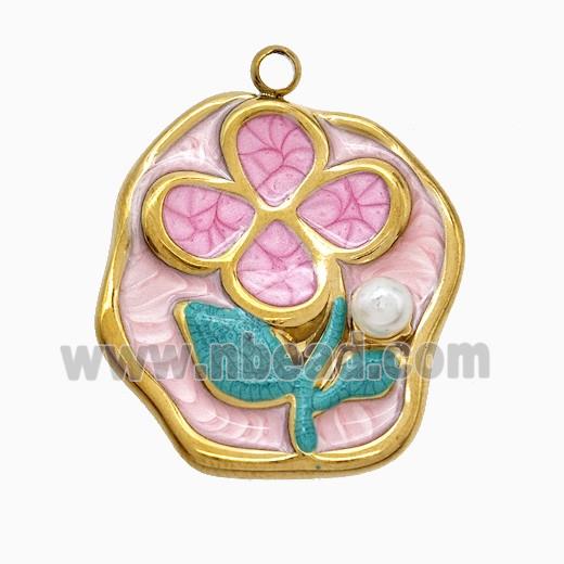 Stainless Steel Flower Pendant Pink Painted Gold Plated
