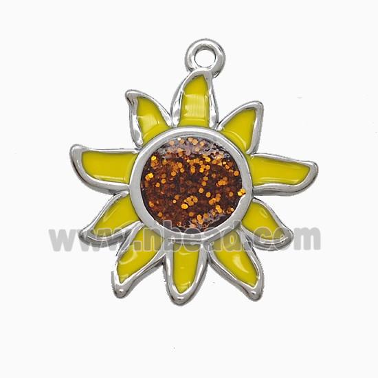 Raw Stainless Steel Sunflower Pendant Yellow Enamel