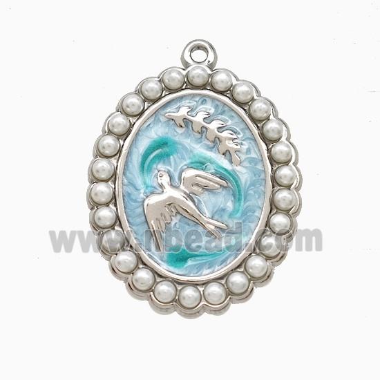 Raw Stainless Steel Bireds Pendant Pave Resin Teal Painted Leaf