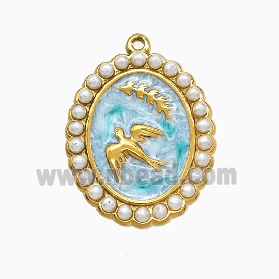 Stainless Steel Bireds Pendant Pave Resin Teal Painted Leaf Gold Plated