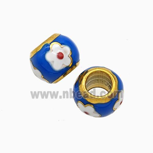 Stainless Steel Round Beads Blue Enamel Large Hole Flower Gold Plated