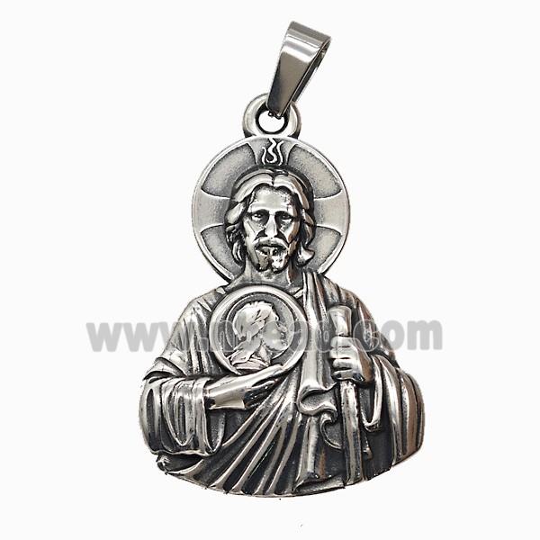 Raw Vintage 304 Stainless Steel Saint Jude Pendant Antique Silver