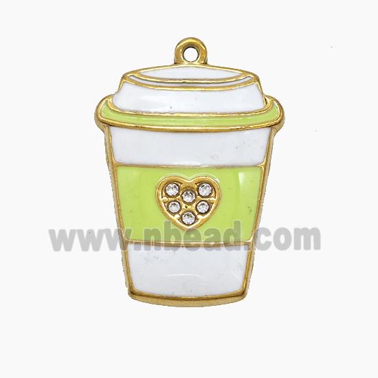 Stainless Steel Cup Pendant Pave Rhinestone Green Enamel Gold Plated