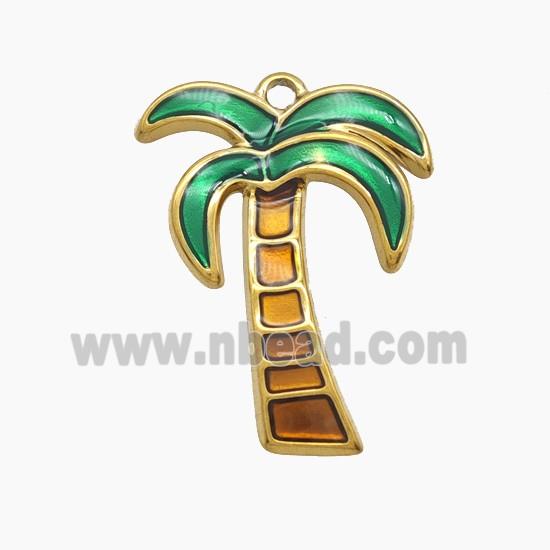 Stainless Steel Coconut Tree Pendant Palm Green Painted Gold Plated