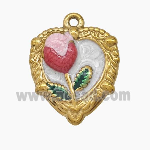 Stainless Steel Lichee Pendant Painted Heart Gold Plated