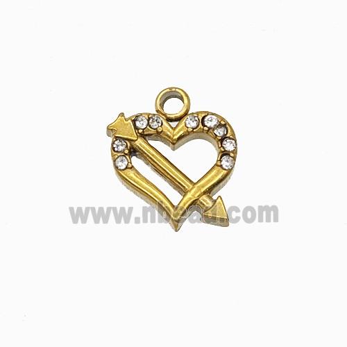 Stainless Steel Cupid Arrow Heart Pendant Pave Rhinestone Gold Plated
