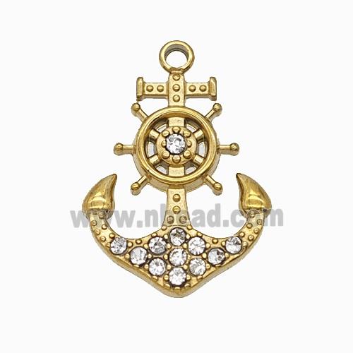 Stainless Steel Anchor Ship Wheel Pendant Pave Rhinestone Gold Plated