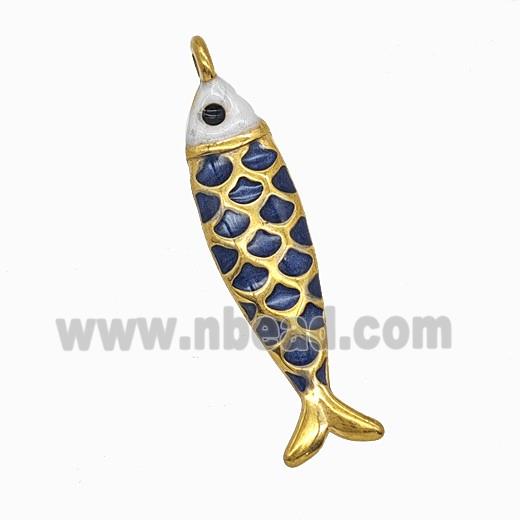 Stainless Steel Fish Pendant Inkblue Painted Gold Plated