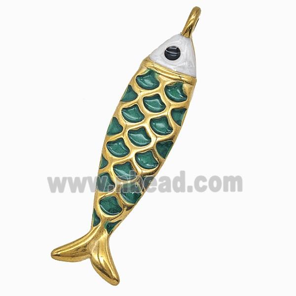 Stainless Steel Fish Pendant Green Painted Gold Plated